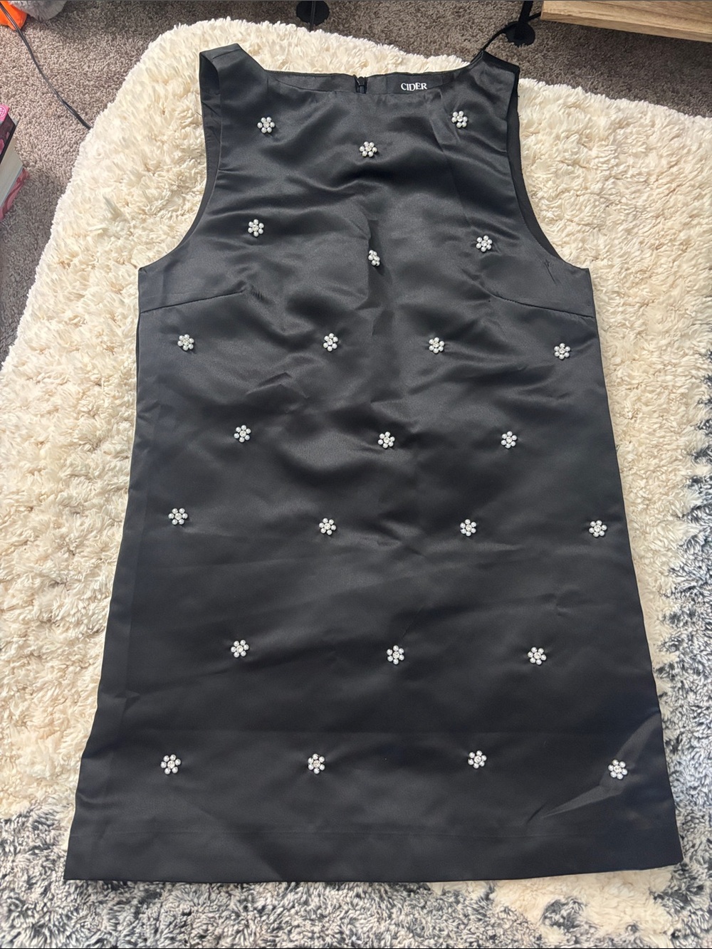 Cider Black Mini Dress with Pearl Flower Embellishments